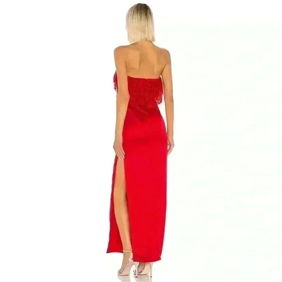 Lovers + Friends Sylvia Red Maxi Whimsigoth Lace Ruffle Satin Slit Dress Size S - Picture 3 of 16